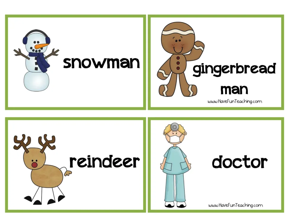 Winter and job character cards: snowman, gingerbread man, reindeer and doctor, each pictured for students to draw
