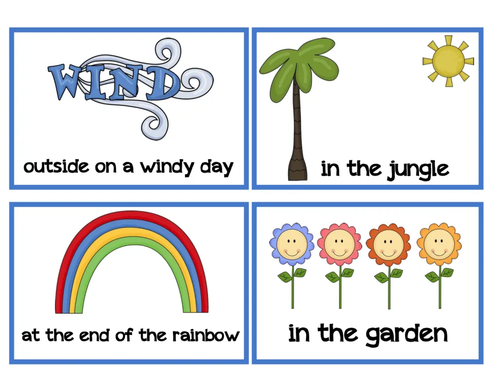 Setting cards: outside on a windy day, in the jungle, at the end of the rainbow and in the garden, each with a picture