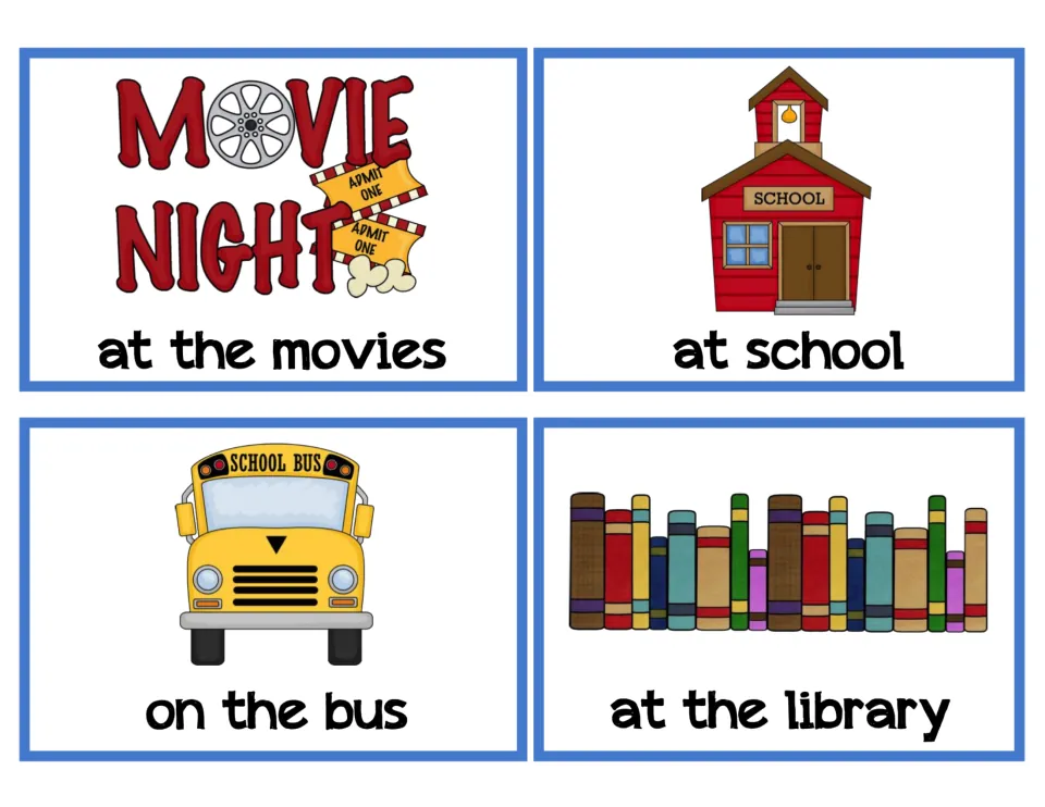 Setting cards for everyday places: at the movies, at school, on the bus and at the library, each with a matching picture