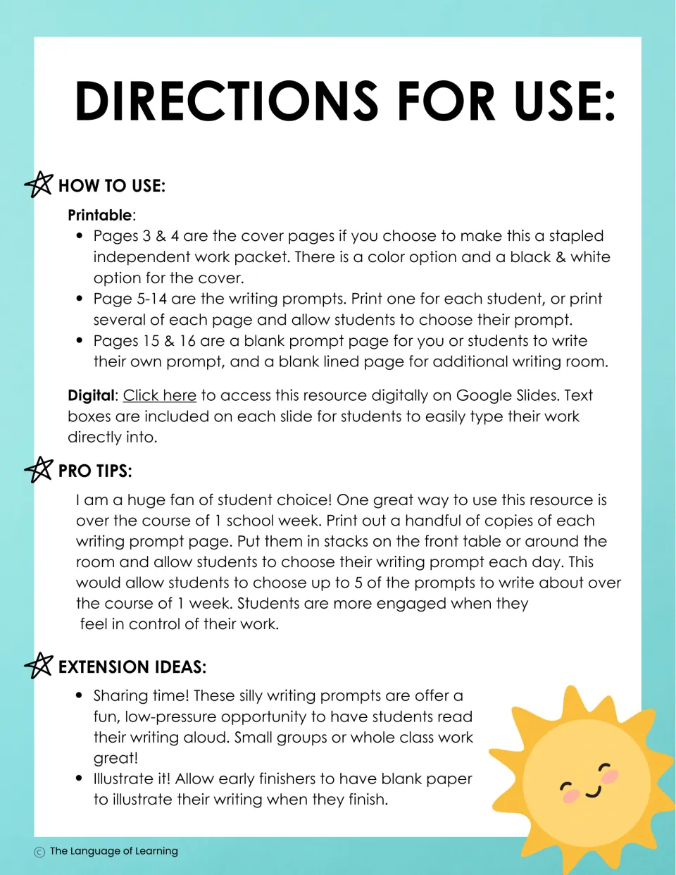 Directions for printing the writing packet, using Google Slides, choosing prompts, and sharing stories
