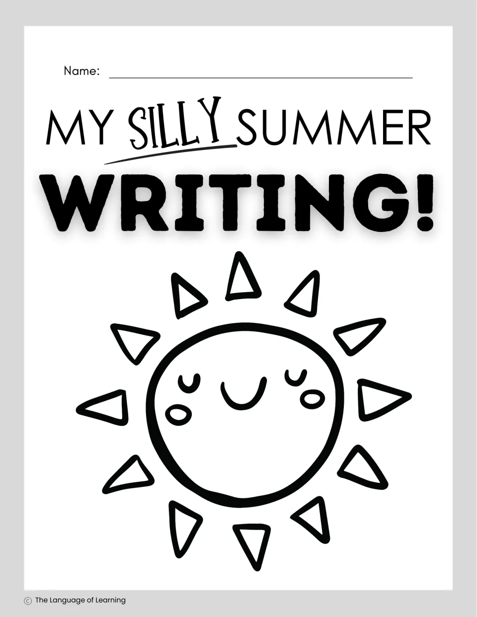 Black-and-white student packet cover titled “My Silly Summer Writing!” with a space for the student's name