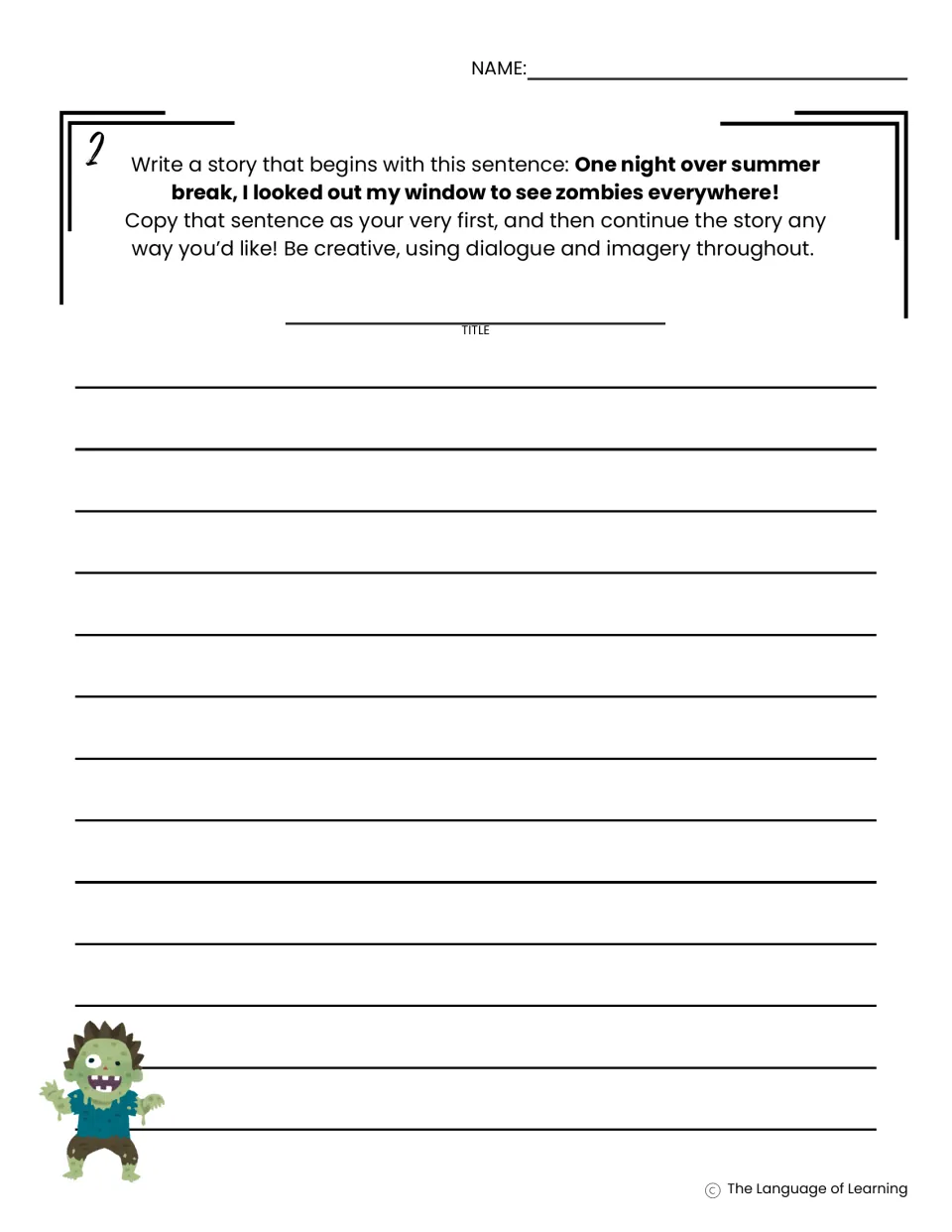 Summer writing prompt 2 starts a story about seeing zombies outside a window and asks for dialogue and imagery