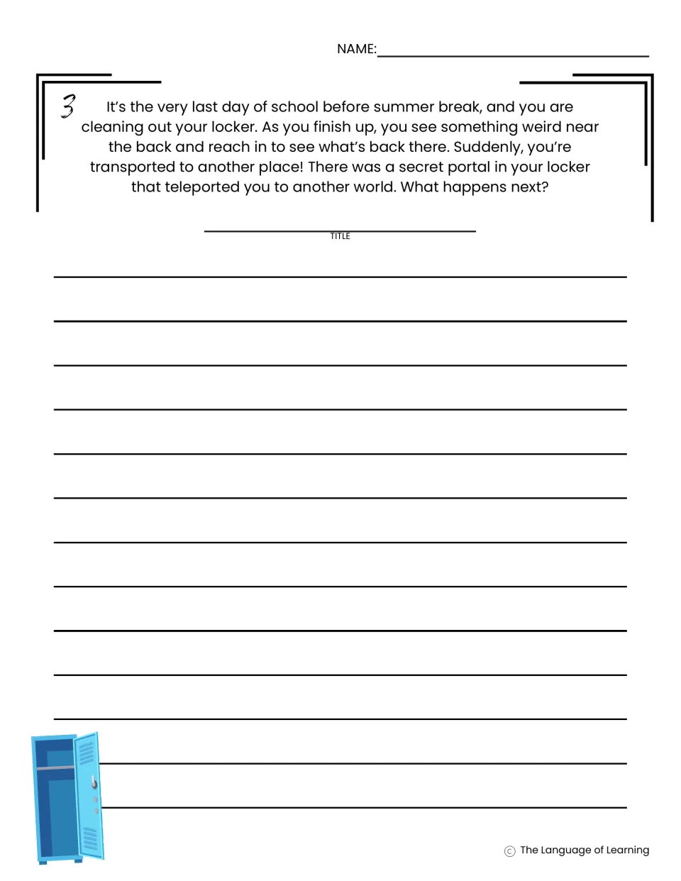 Summer writing prompt 3 asks what happens after a secret locker portal sends a student to another world