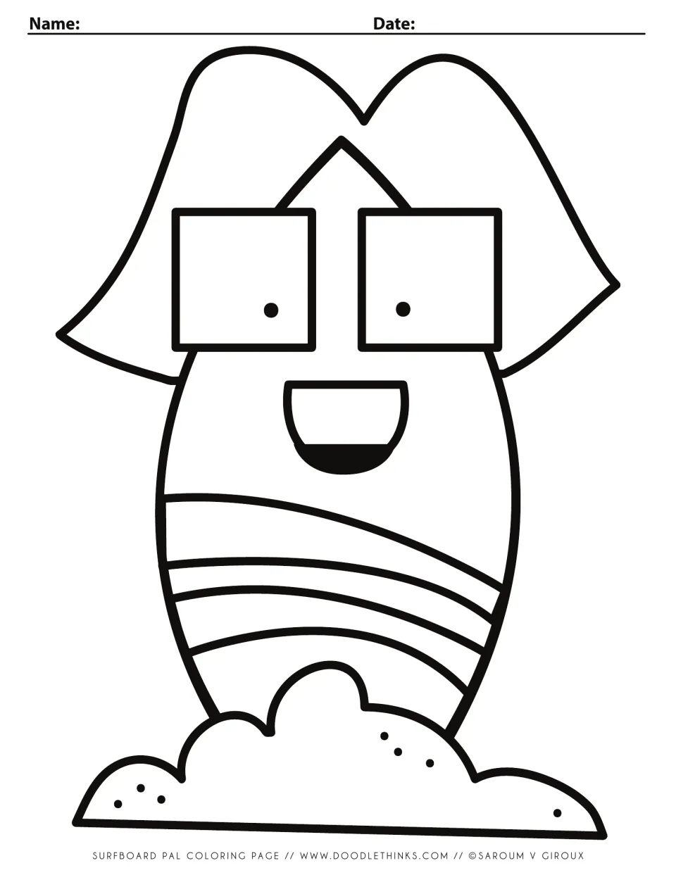Surfboard pal coloring page: students color the smiling striped surfboard character with square eyes, wig hair and sand