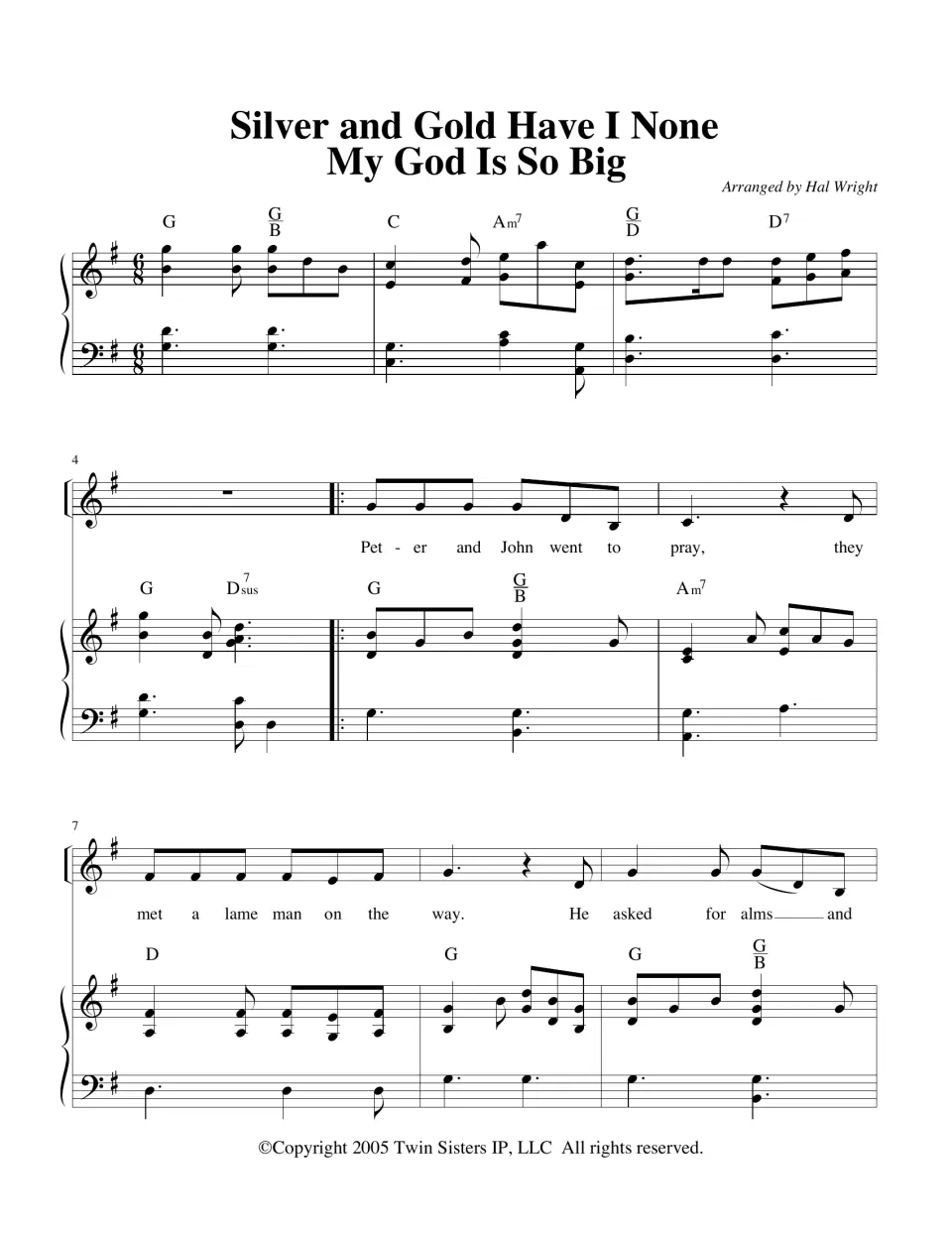 Song medley opening in G major, 6/8: piano intro, then the melody starts "Peter and John went to pray" with chords