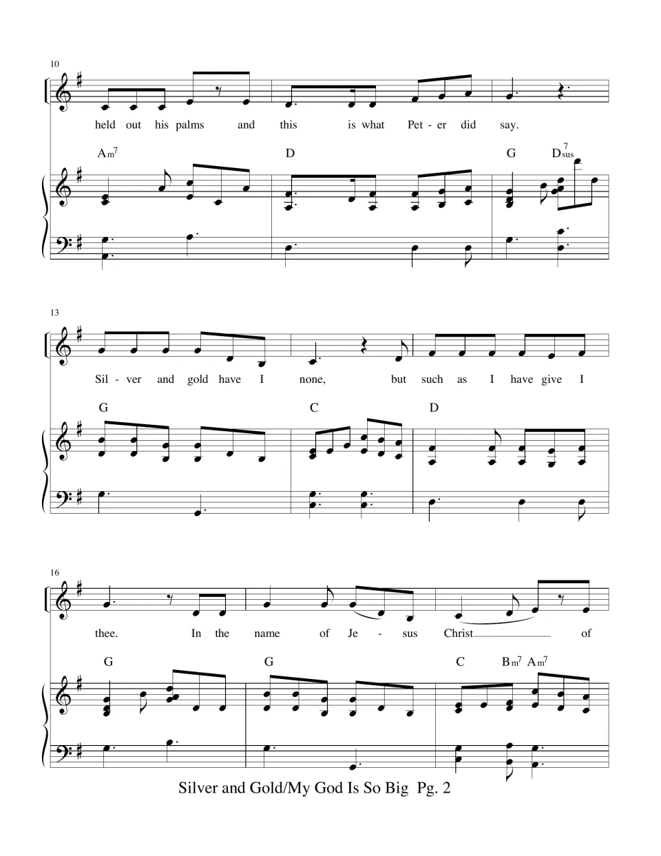 Measures 10-18 of the vocal-piano score: "held out his palms" then the line "Silver and gold have I none"
