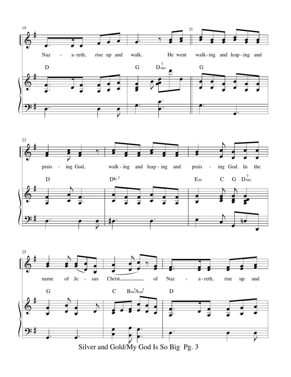 Measures 19-27, 6/8 in G: lyrics "rise up and walk" and "walking and leaping and praising God" with piano chords