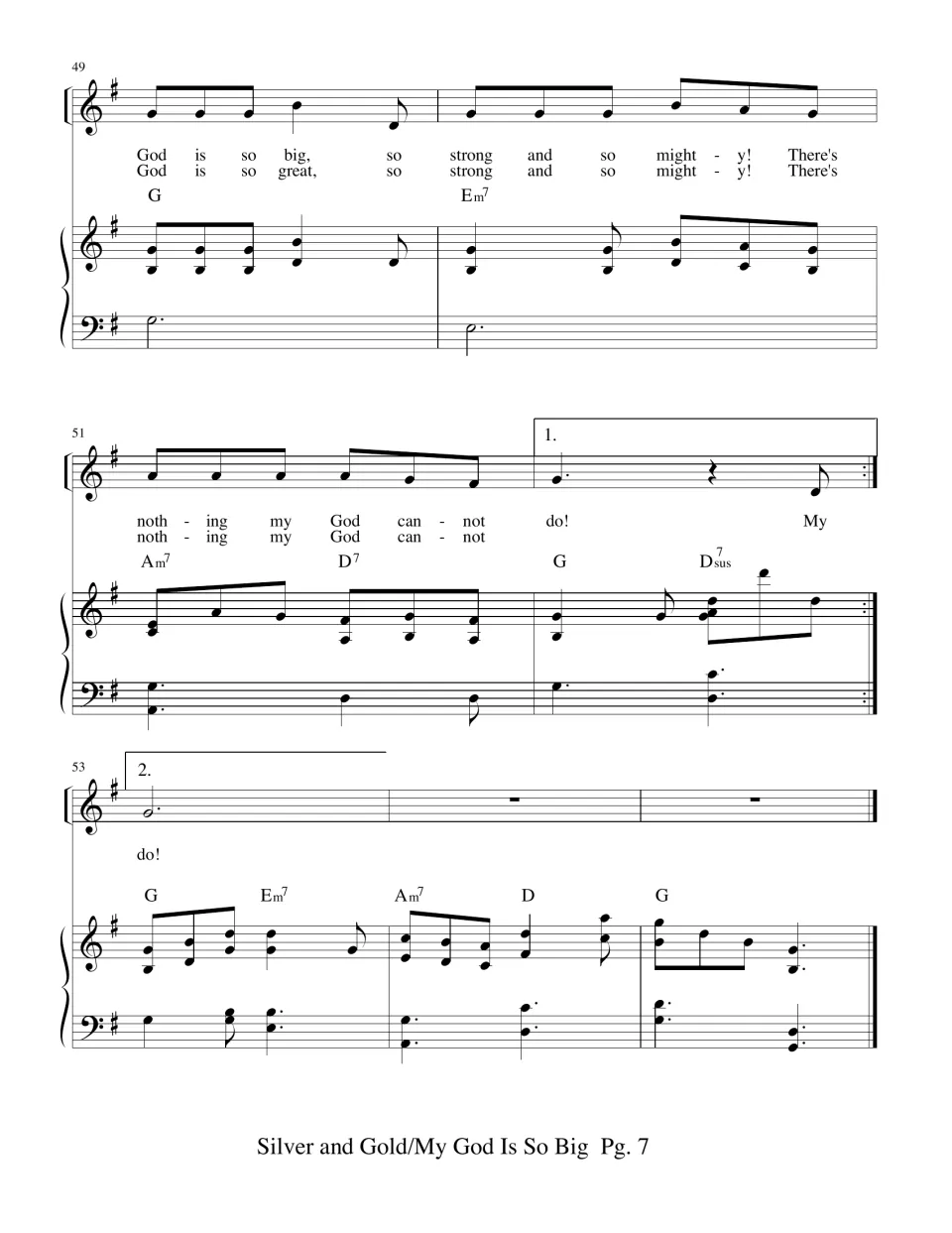 Measures 49-55: last "God is so big" refrain, first and second endings on "do!" and a closing piano tag in G