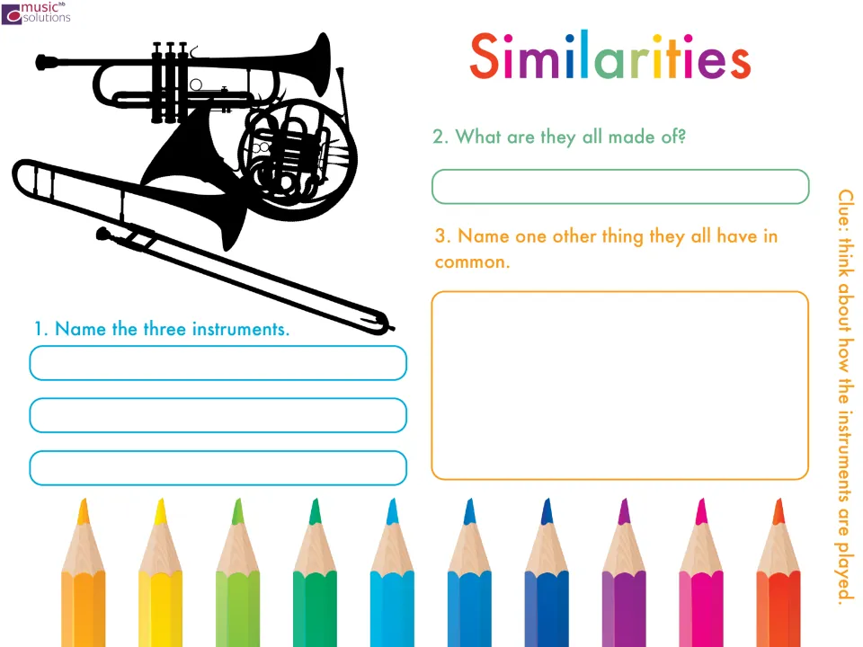 Brass similarities: students name the three pictured instruments, say what they are made of and one other shared feature