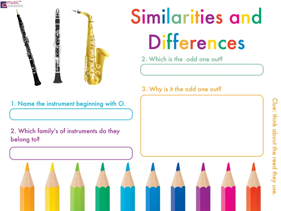 Woodwind odd one out: students name the instrument starting with O, its family, and explain which reed instrument differs