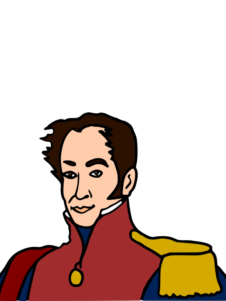 Simon Bolivar colour illustration: head-and-shoulders portrait in a red high-collared military coat with a gold epaulette