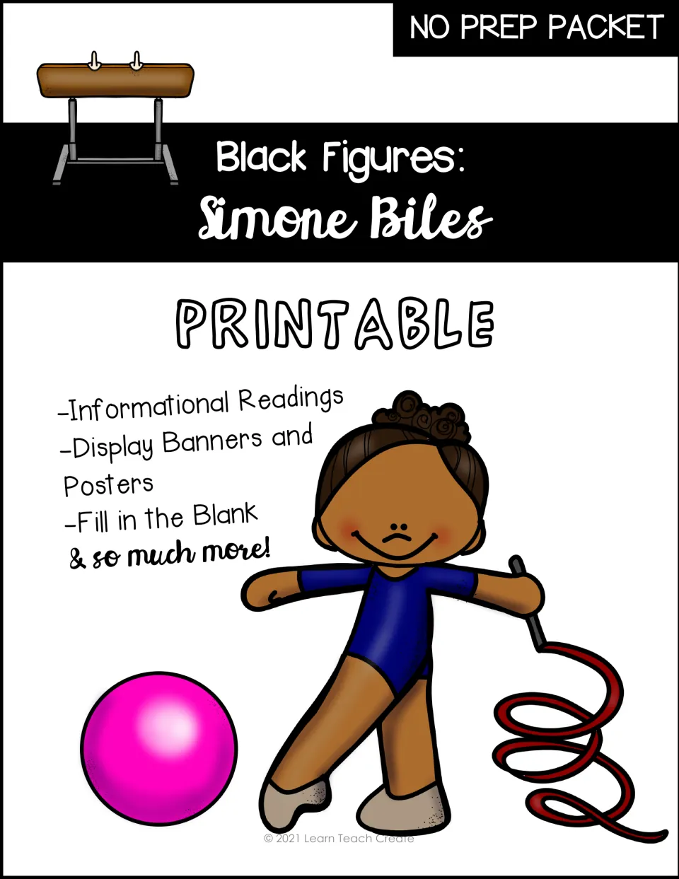 Simone Biles packet cover lists informational readings, display banners and posters, and fill-in-the-blank work