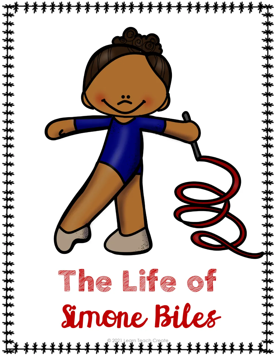 Color title page for the biography section reads “The Life of Simone Biles” beneath a gymnast illustration