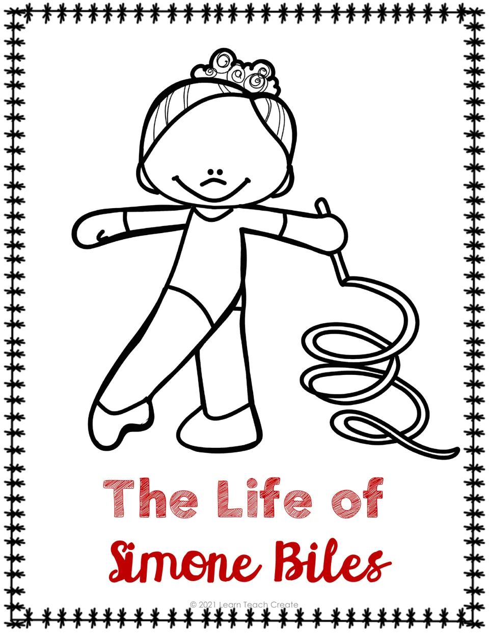 Biography title page reads “The Life of Simone Biles,” with a black-and-white gymnast illustration