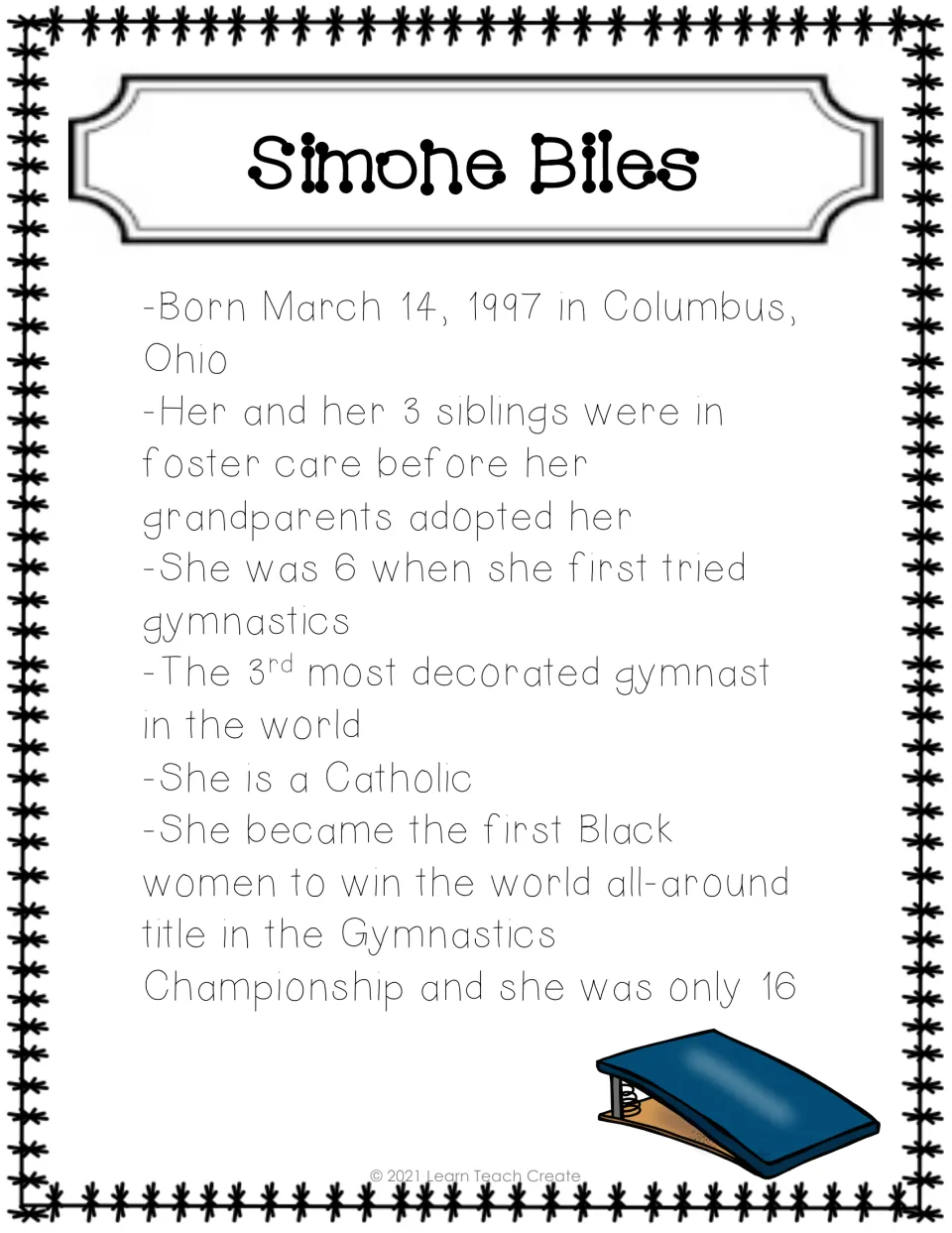 Simone Biles fact sheet covers her birth, adoption, first gymnastics experience, faith, and world title