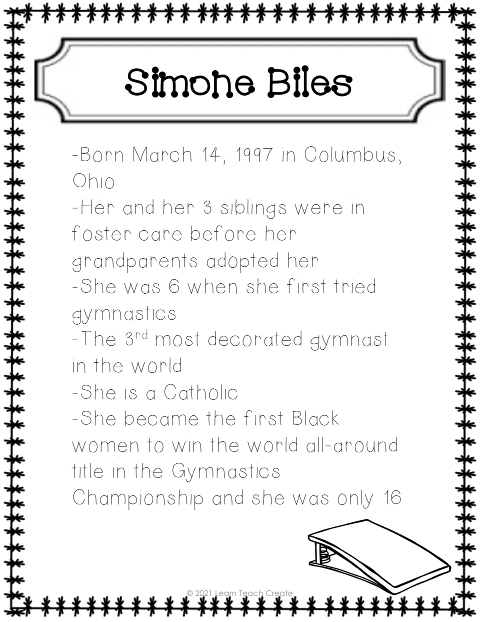 Alternate Simone Biles fact sheet repeats details about her childhood, gymnastics start, and achievements