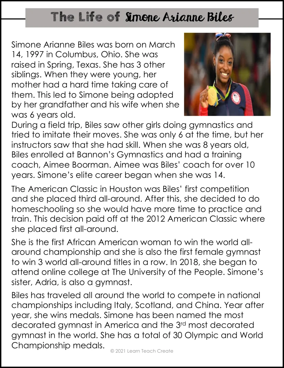 Biography passage traces Simone Biles’s childhood, training with Aimee Boorman, competitions, and medals