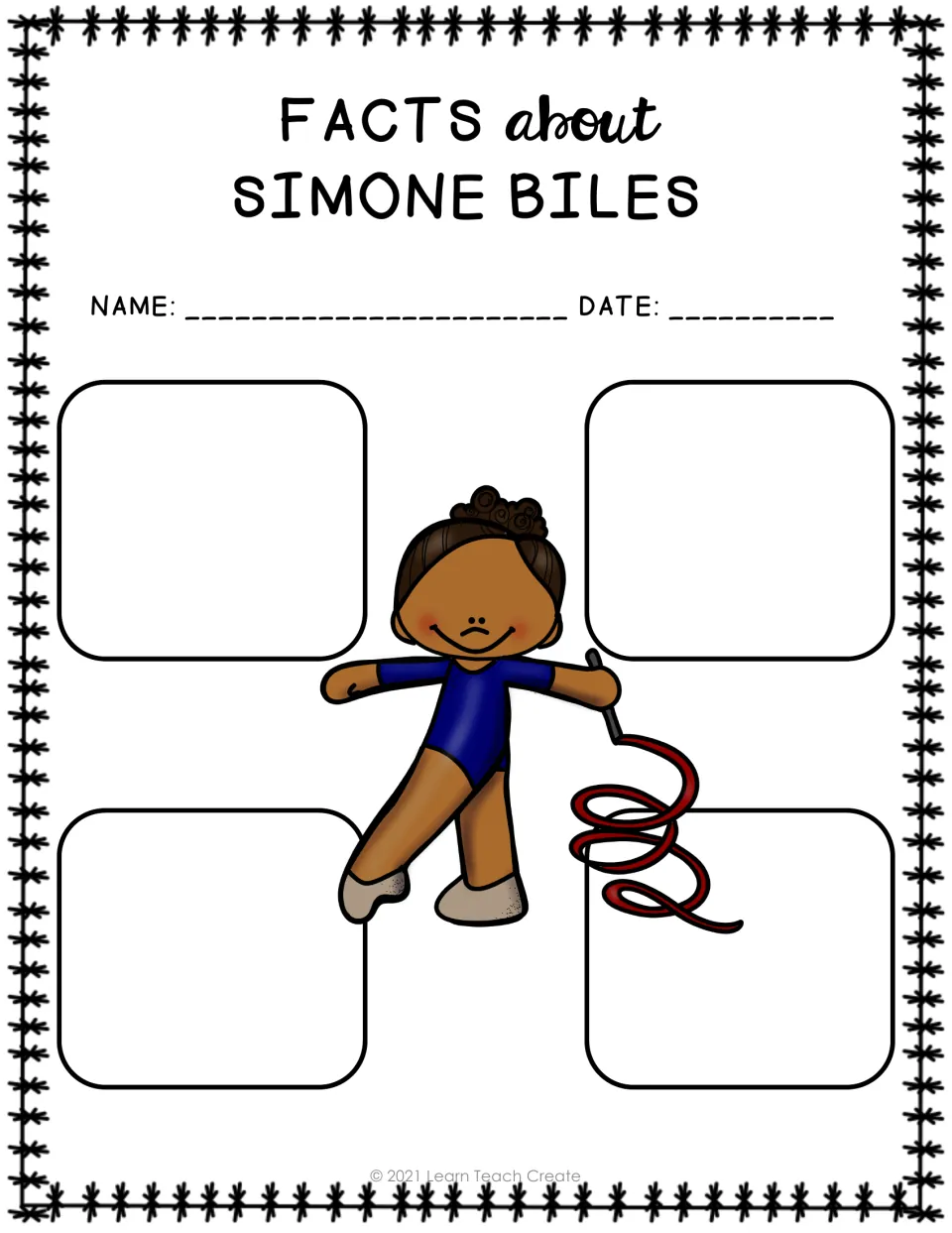 “Facts about Simone Biles” organizer asks students to record four facts and add their name and date
