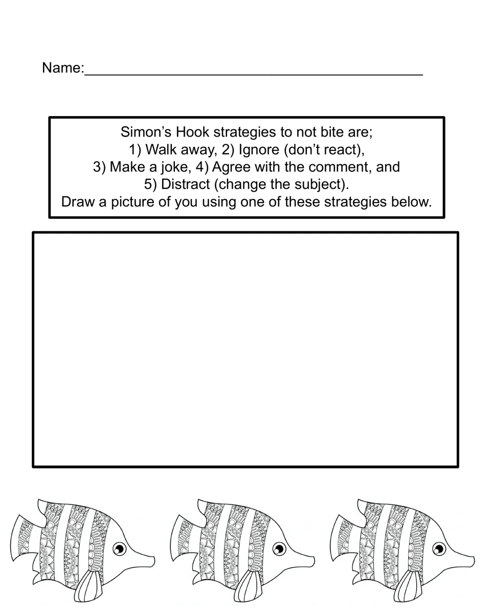 Strategies to not bite: students draw themselves walking away, ignoring, joking, agreeing or changing the subject