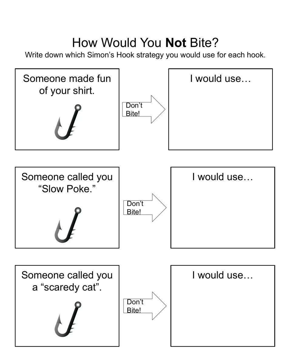 How Would You Not Bite?: students name a strategy for each hook, such as being called Slow Poke or scaredy cat