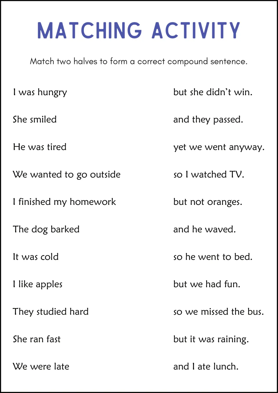Matching Activity: students pair beginnings with endings starting with and, but, so or yet to build compound sentences