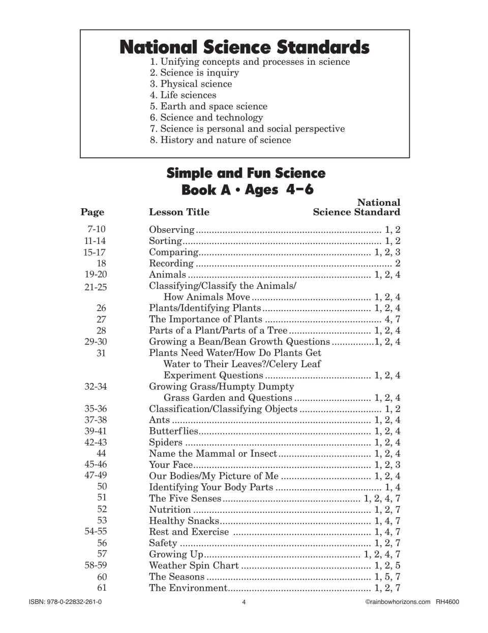National Science Standards chart pairing lessons, from Observing to The Environment, with their page and standard numbers