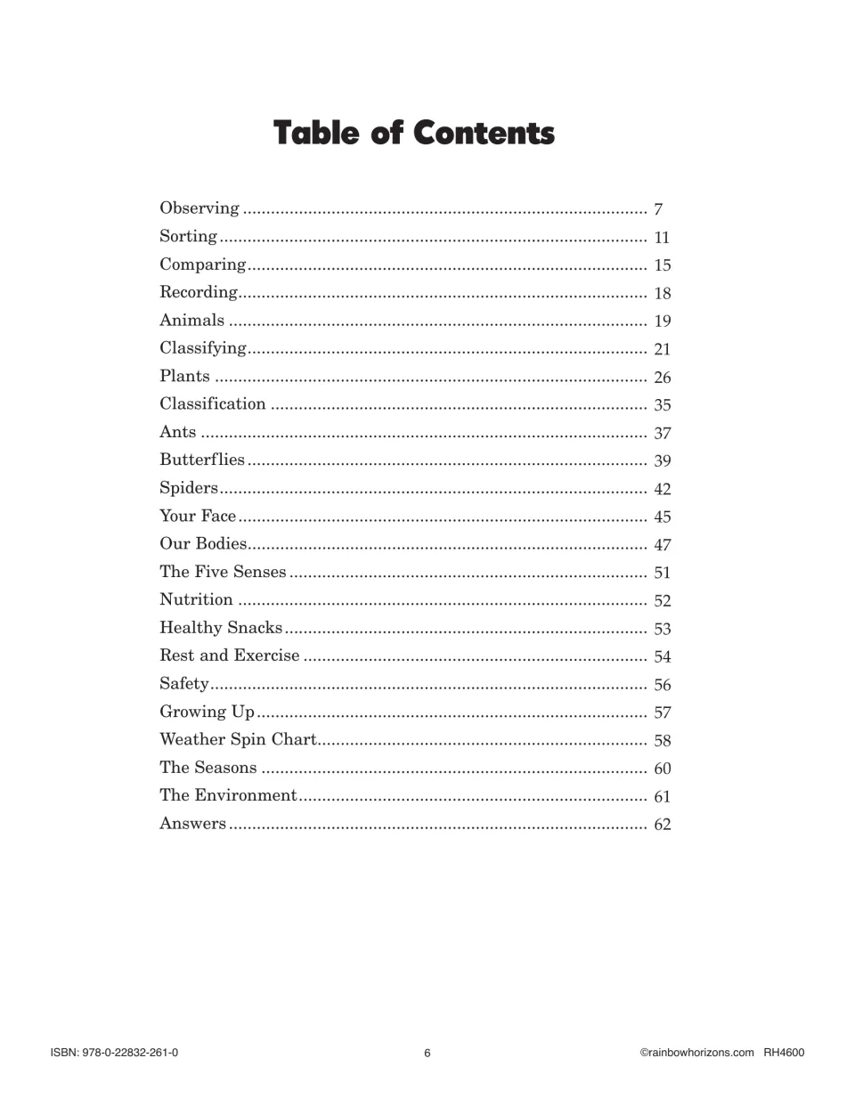 Table of contents listing lessons from Observing, Sorting and Animals through The Seasons, The Environment and Answers