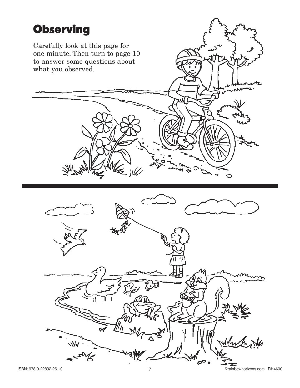 Observing: students study a park scene for one minute, a boy biking, a girl with a kite, ducks, a frog and a squirrel