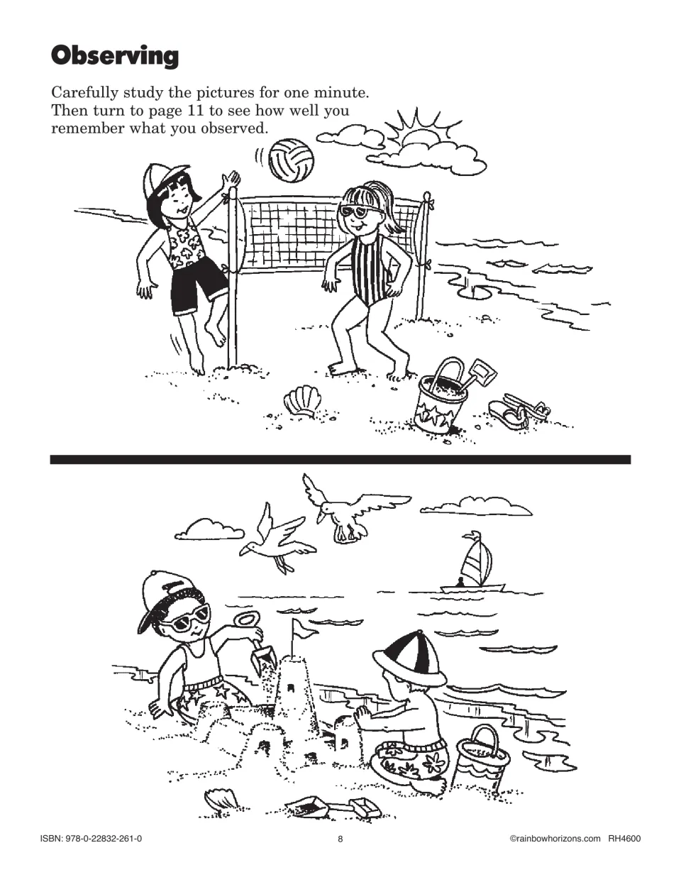 Observing at the beach: students study children playing volleyball and building a sand castle for one minute to recall