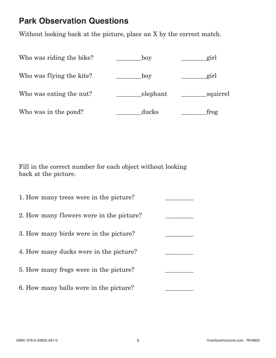 Park Observation Questions: students mark who rode the bike or ate the nut, then recall how many trees, birds and frogs