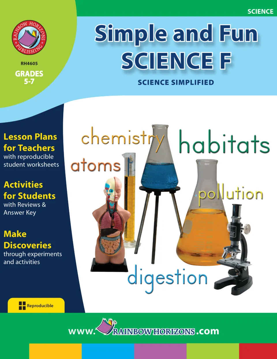 Simple and Fun Science F cover identifies grades 5–7, reproducible student worksheets, activities, and answers
