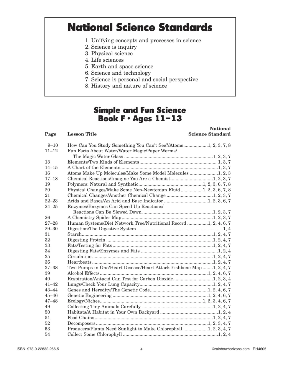 Science standards reference links lessons on atoms, chemistry, human systems, and ecology to numbered standards
