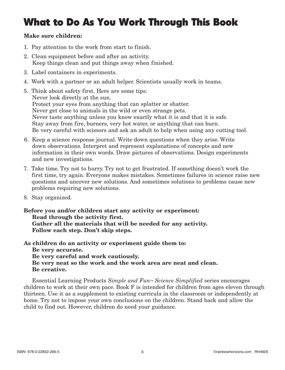 Science book directions cover equipment care, safety, partner work, response journals, and preparing experiments