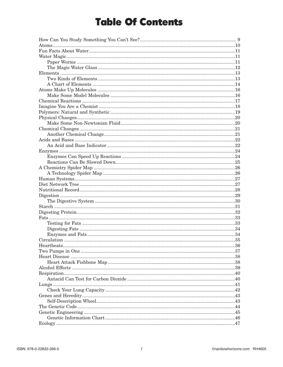 Science book contents list lessons from atoms and chemical reactions through digestion, heredity, and ecology
