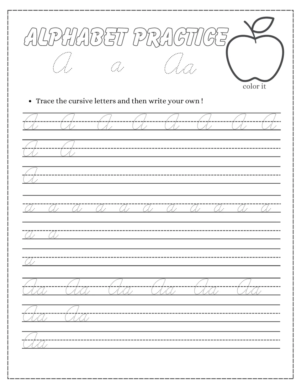 Cursive letter A practice: students trace uppercase A, lowercase a and Aa pairs, then write their own and color an apple