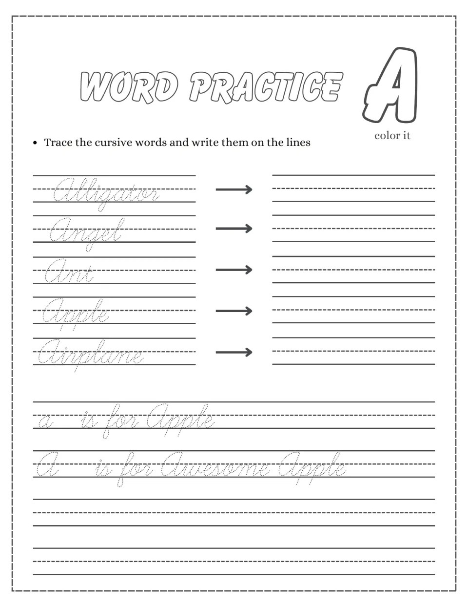 Cursive A words: students trace and copy Alligator, Angel, Ant, Apple and Airplane, then trace 'A is for Awesome Apple'