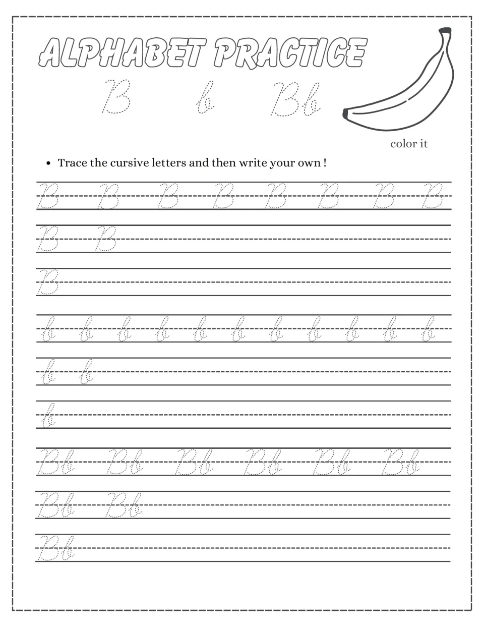 Cursive letter B practice: students trace uppercase B, lowercase b and Bb pairs, then write their own and color a banana
