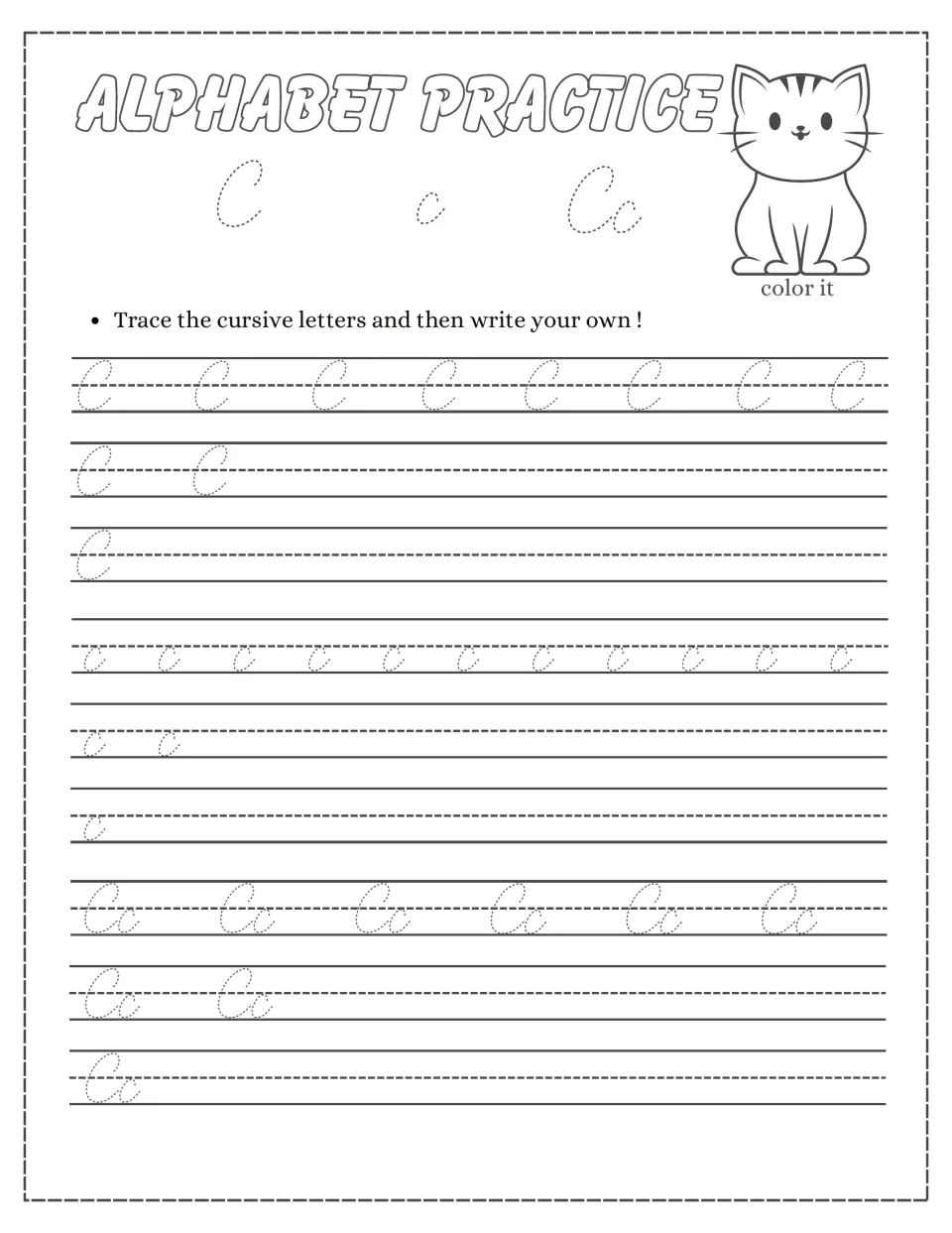 Cursive letter C practice: students trace uppercase C, lowercase c and Cc pairs, then write their own and color a cat