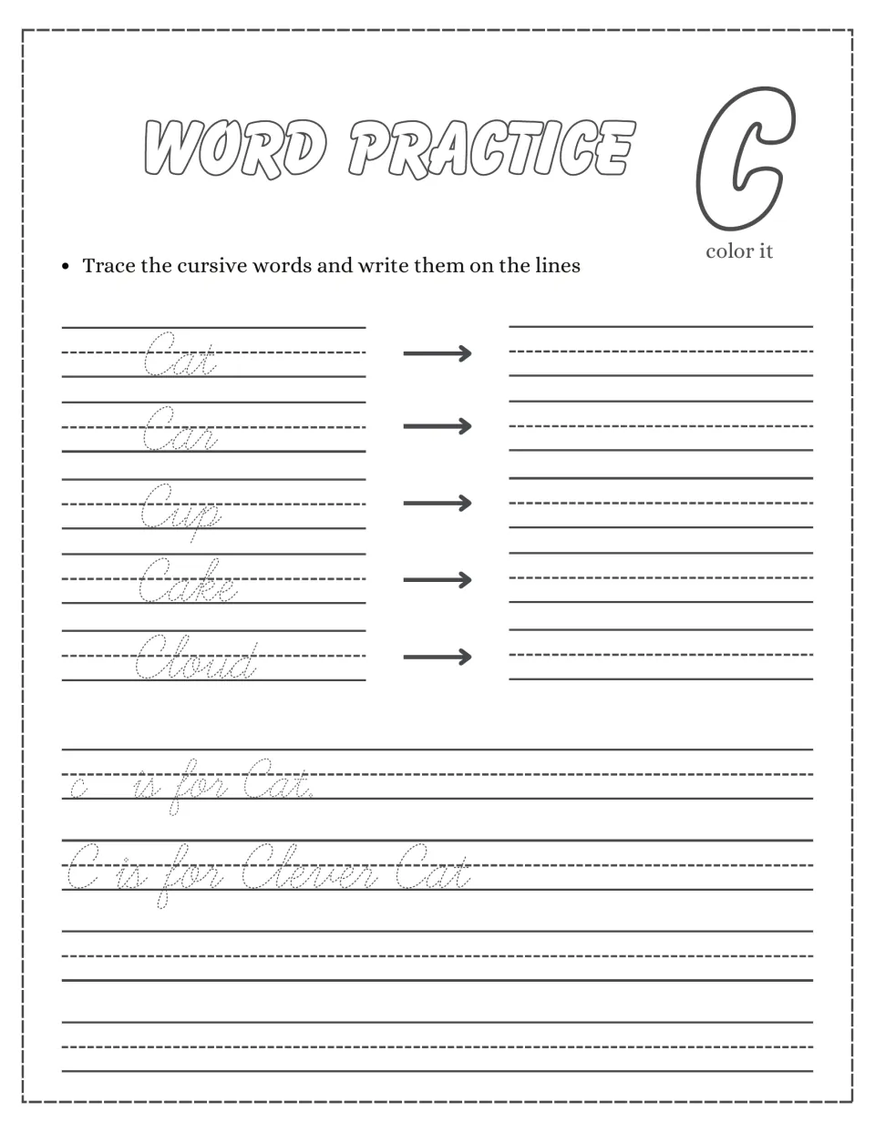 Cursive C words: students trace and copy Cat, Car, Cup, Cake and Cloud, then trace 'c is for Cat' and 'C is for Clever Cat'