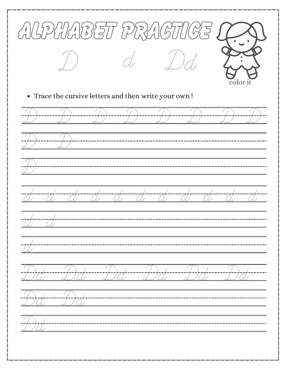 Cursive letter D practice: students trace uppercase D, lowercase d and Dd pairs, then write their own and color a doll