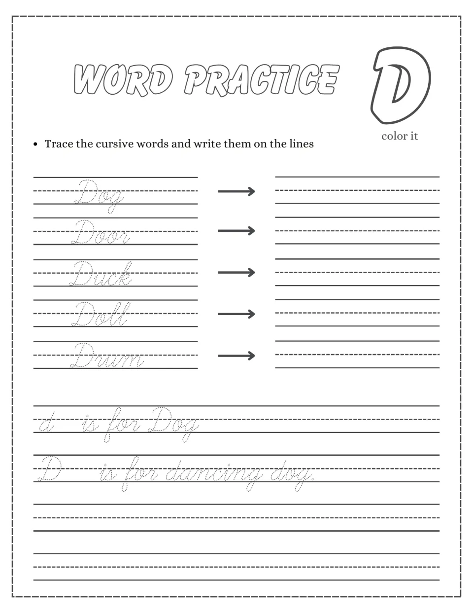 Cursive D words: students trace and copy Dog, Door, Duck, Doll and Drum, then trace 'D is for dancing dog'