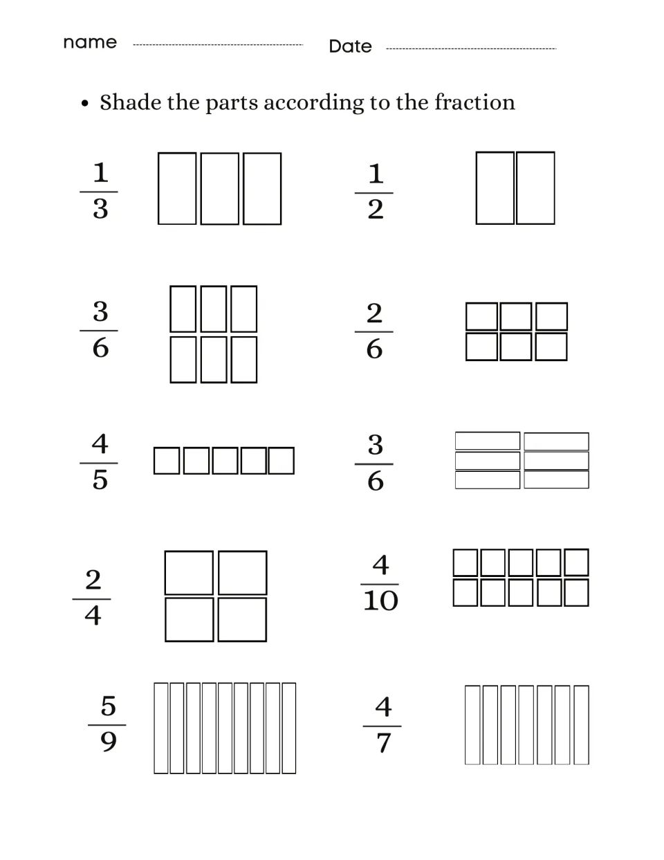 Shading fractions: students shade parts of rectangle models to show ten fractions such as 1/3, 3/6, 4/5, 4/10 and 5/9