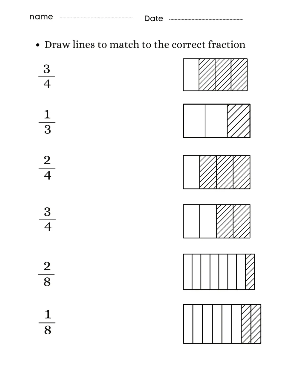 Fraction matching: students draw lines from six fractions like 3/4, 1/3 and 1/8 to the hatched rectangle model that fits