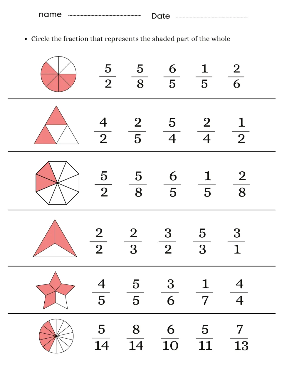 Naming shaded parts: students circle the matching fraction for each shaded circle, triangle, octagon or star