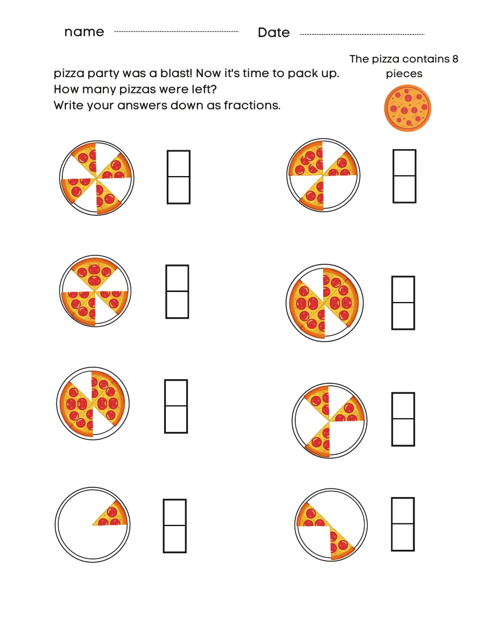 Pizza party fractions: students write how much of each 8-slice pizza was left as a fraction for eight pizzas