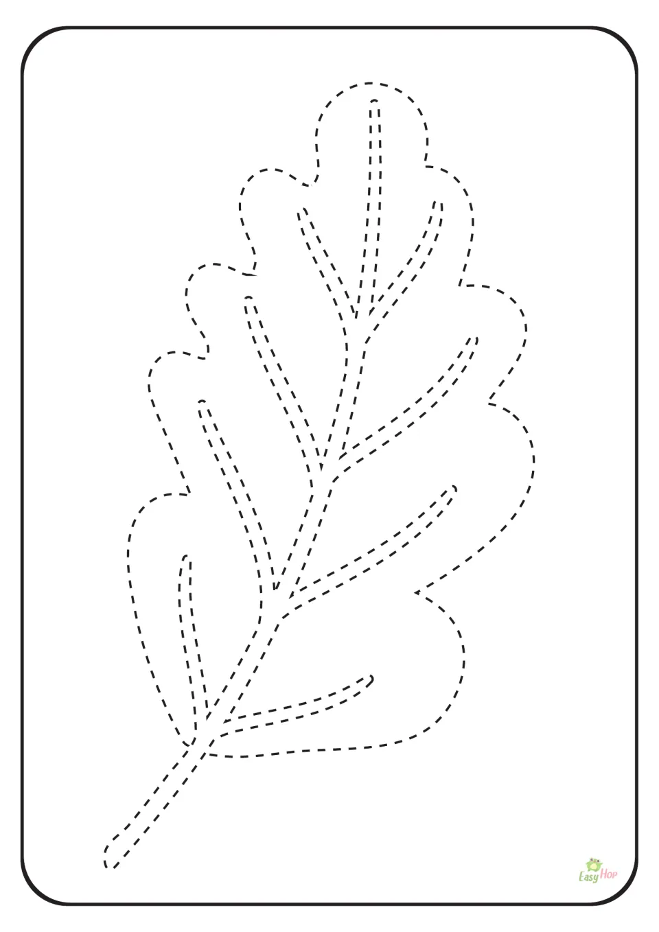 Leaf tracing page in the nature printable set, featuring one large leaf with a dashed outline and dashed veins.