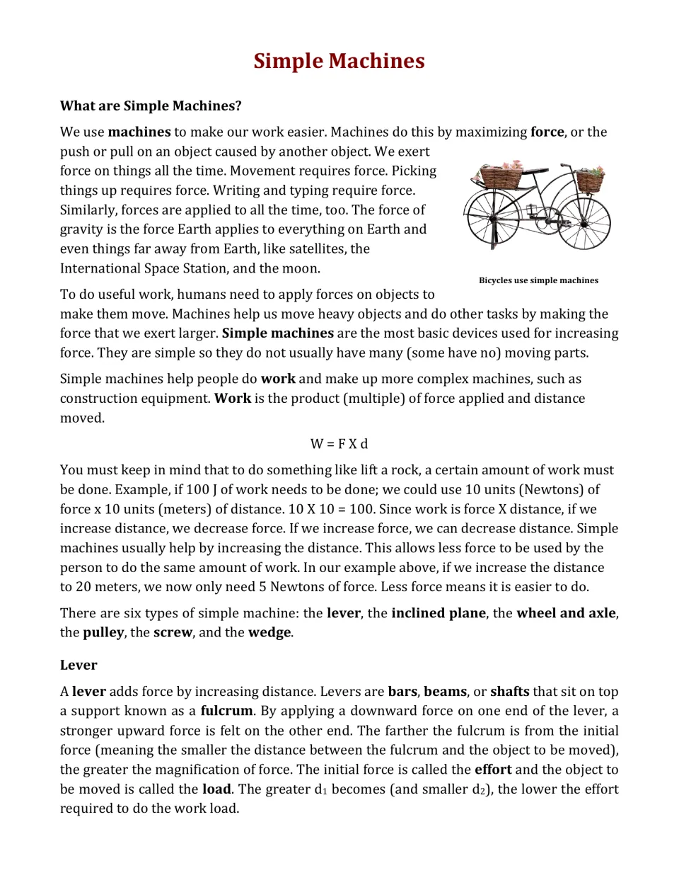 Reading introduction: force, work, the equation W = F × d, six types of simple machines, and levers