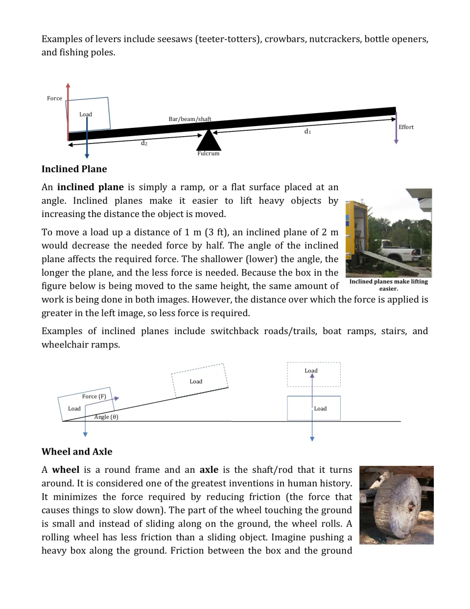 Reading continuation: lever diagram, inclined planes and ramp examples, and an introduction to wheel and axle
