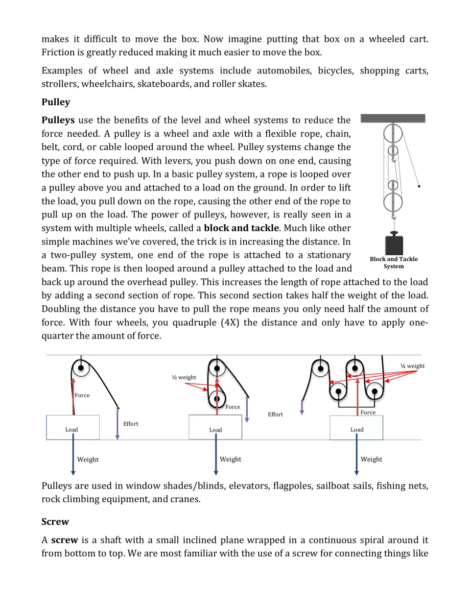 Reading continuation: wheel and axle examples, pulley systems that reduce effort, and an introduction to screws