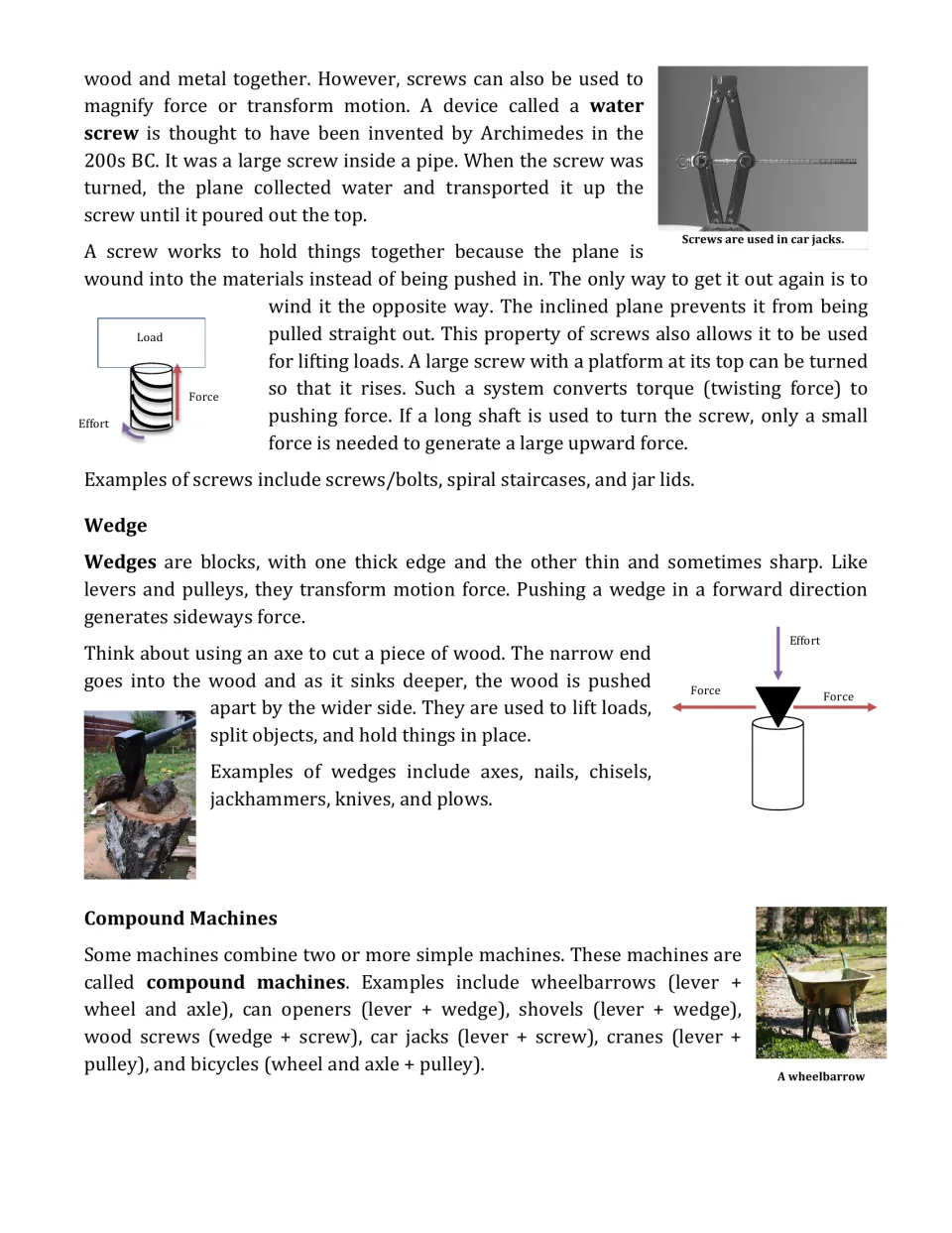 Reading conclusion: how screws and wedges work, plus compound machines such as wheelbarrows and car jacks
